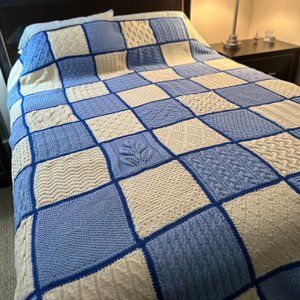 Hand Knit, All Wool Queen Size Afghan Blanket – Blue/White